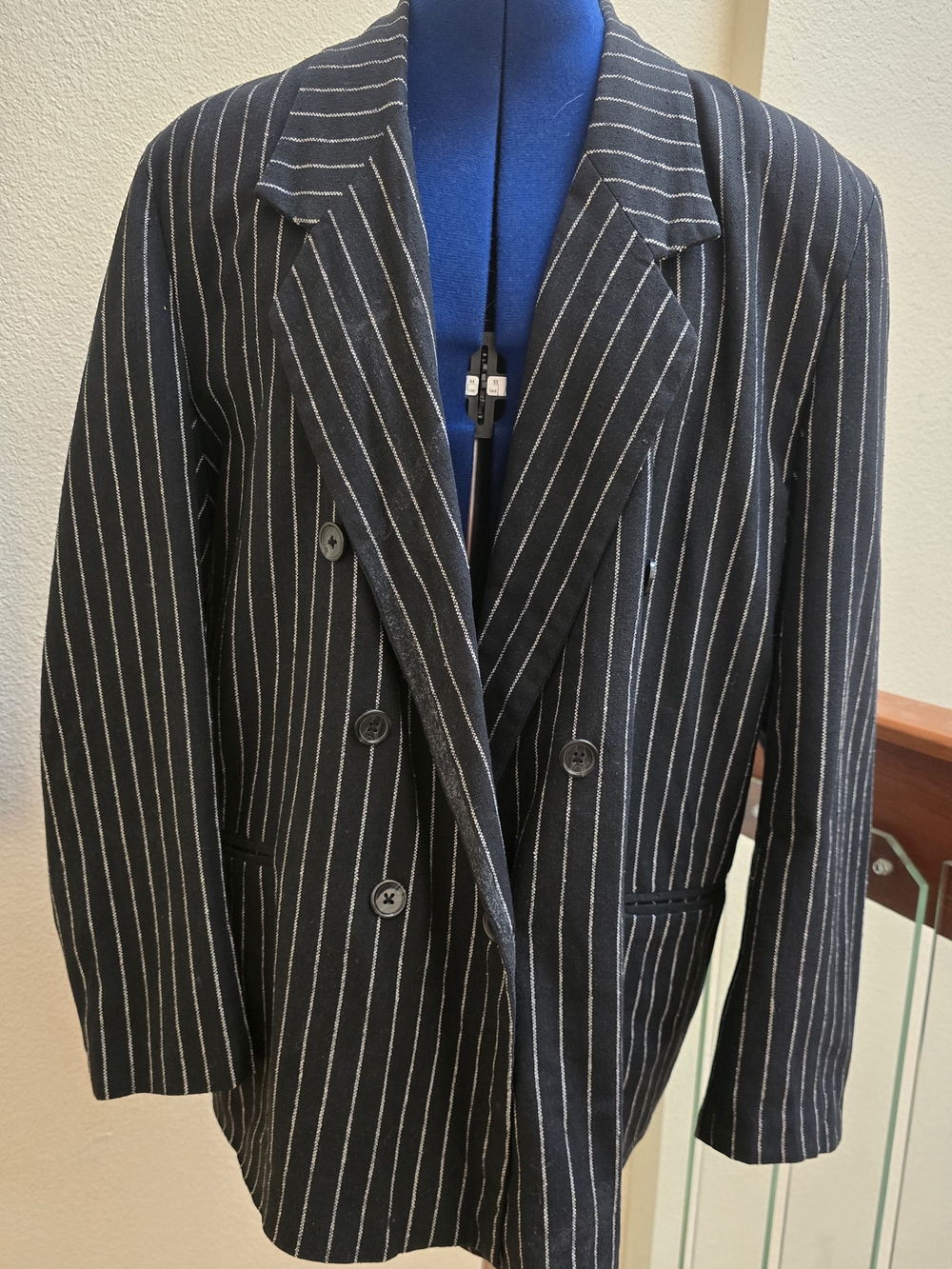 Vintage 80s 90s Baccini Black White Pinstripe 100% Silk Suit Jacket Size 13/14